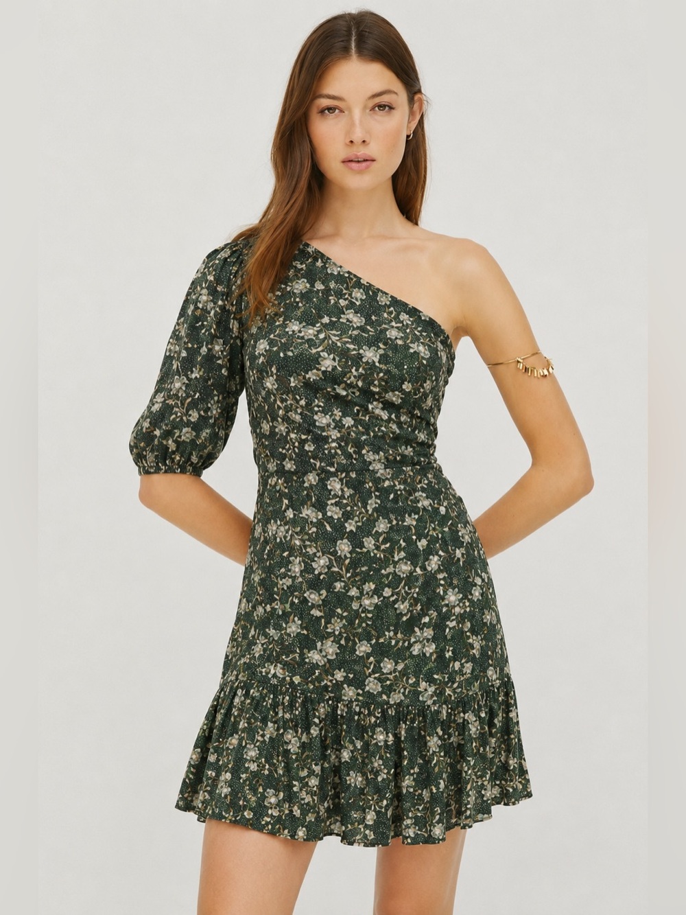 Anthropologie Dolan Floral One-Shoulder Mini Dress Small Puff Sleeve Ruffles